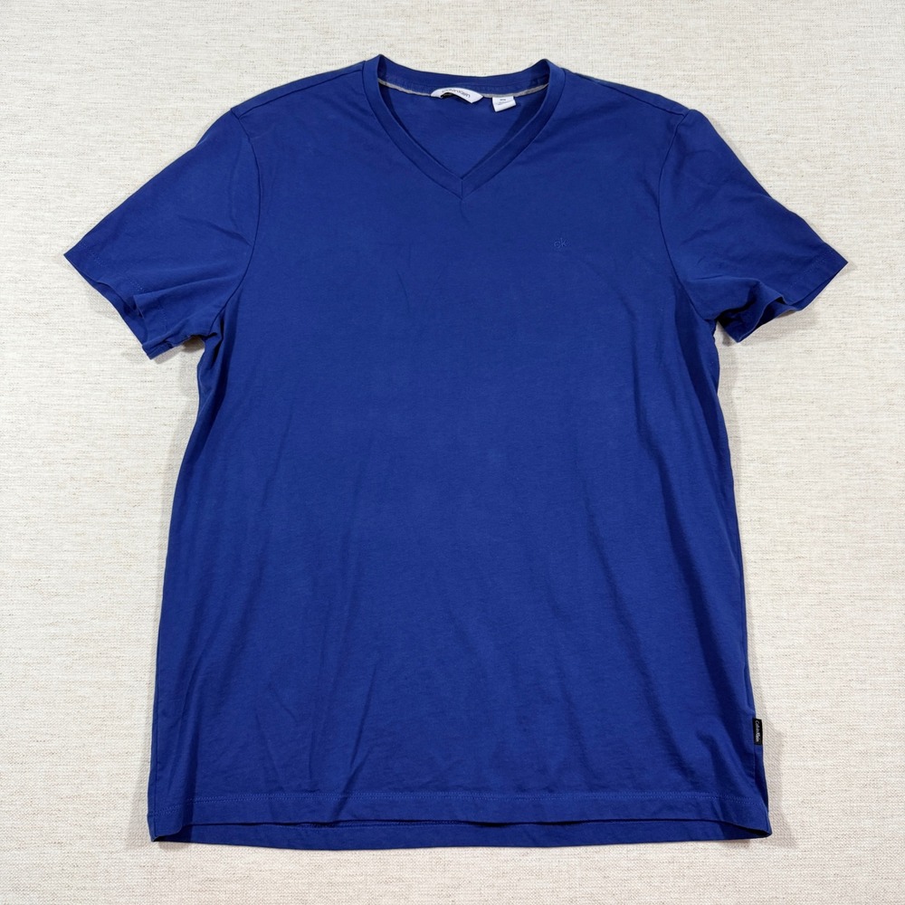 Calvin Klein V-Neck Tee Mens M Blue Excellent Short Sleeve Cotton Logo Shirt